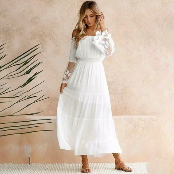 BOHO WHITE LACE MAXI DRESS w/BANDEAU NECKLINE - Picture 6 of 11